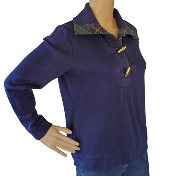 Ralph Lauren Sweater Womens M Knit Pullover Navy Blue Plaid Accent Toggle Button - Picture 8 of 12